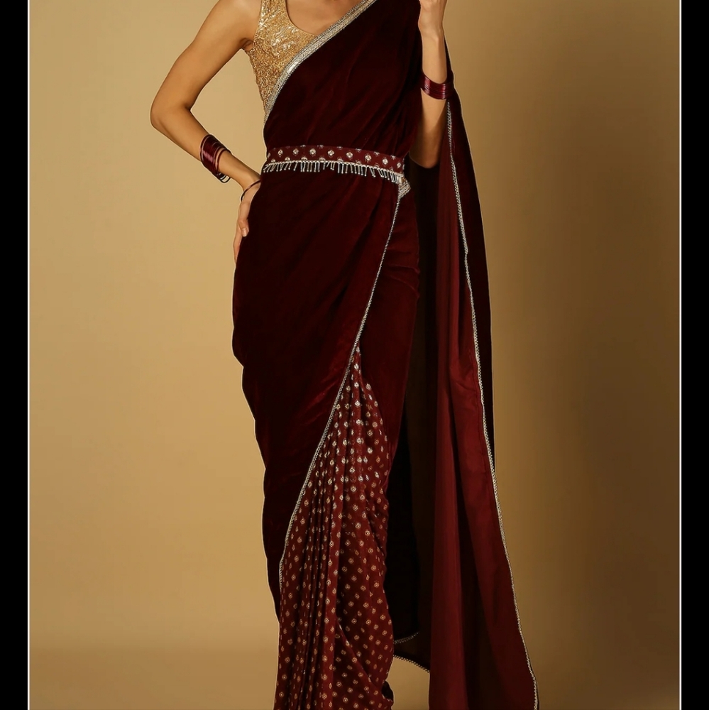 Maroon prestitched saree with belt and blouse